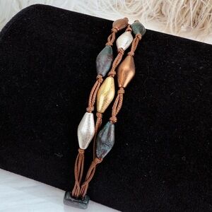 Vintage Brown Leather Mixed Metal Magnet Stone  Bracelet